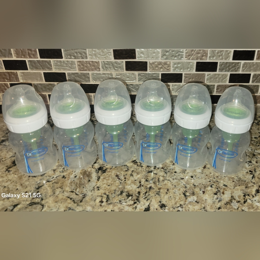 EUC 6 Dr. Brown's Anti Colic Wide Neck Baby Bottles 5oz With Size 1 Nipples